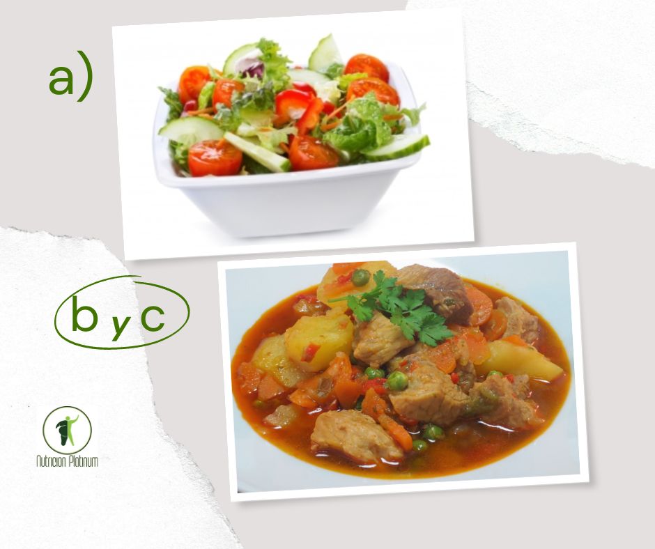 Ensalada de vegetales con estofado de magra de cerdo.